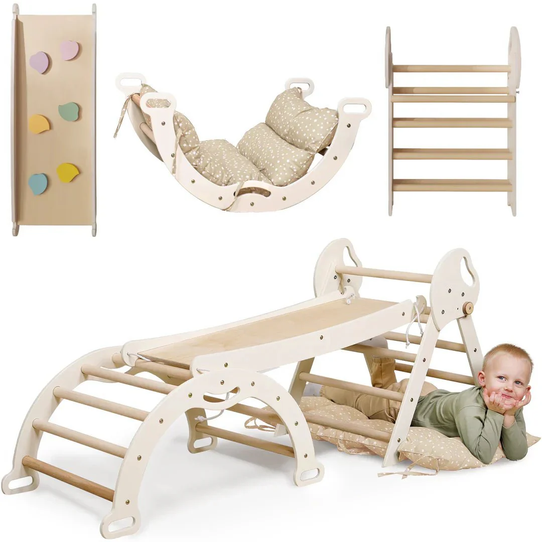 4en1 Cadre d'Escalade Montessori : Triangle de Pikler + Arche d'Escalade + Planche Toboggan + Coussin pour Tout-Petits (1–3 Ans) – Ivory