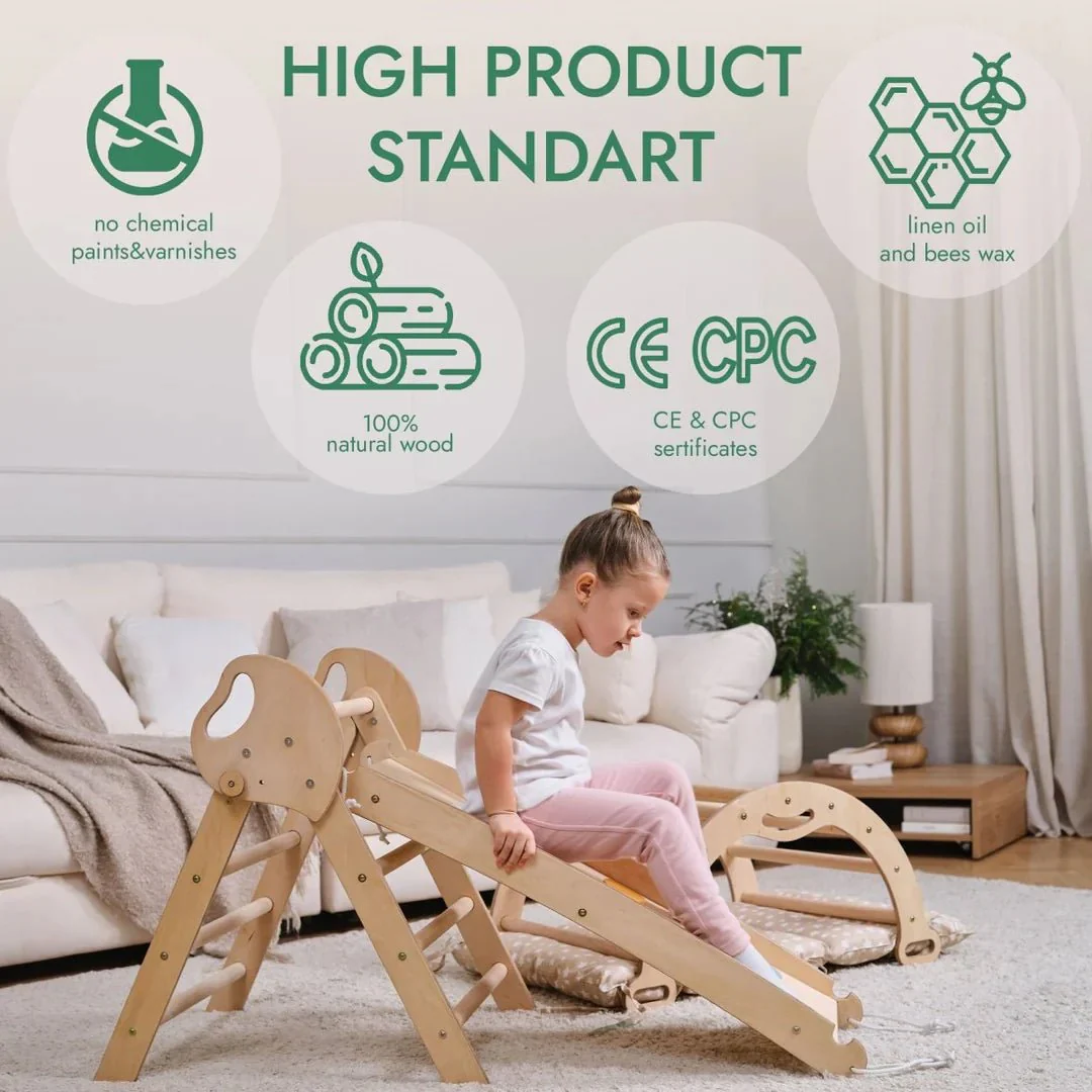 4en1 Cadre d'Escalade Montessori : Triangle de Pikler + Arche d'Escalade + Planche Toboggan + Coussin pour Tout-Petits (1–3 Ans) – Ivory – Image 7