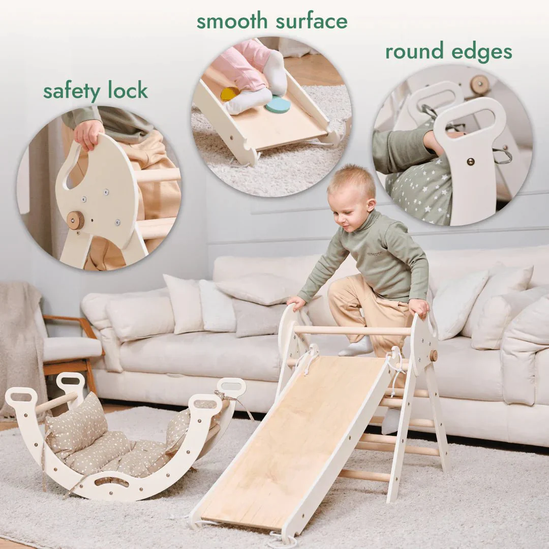 4en1 Cadre d'Escalade Montessori : Triangle de Pikler + Arche d'Escalade + Planche Toboggan + Coussin pour Tout-Petits (1–3 Ans) – Ivory – Image 4